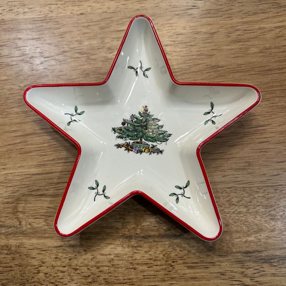 Vintage Spode‎ Christmas Tree RED BAND Star shaped Candy Nut Dish 6"